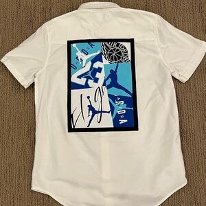 UPCYCLED BOYS OOAK AIR JORDAN FLIGHT- White short sleeve button SIZE 16